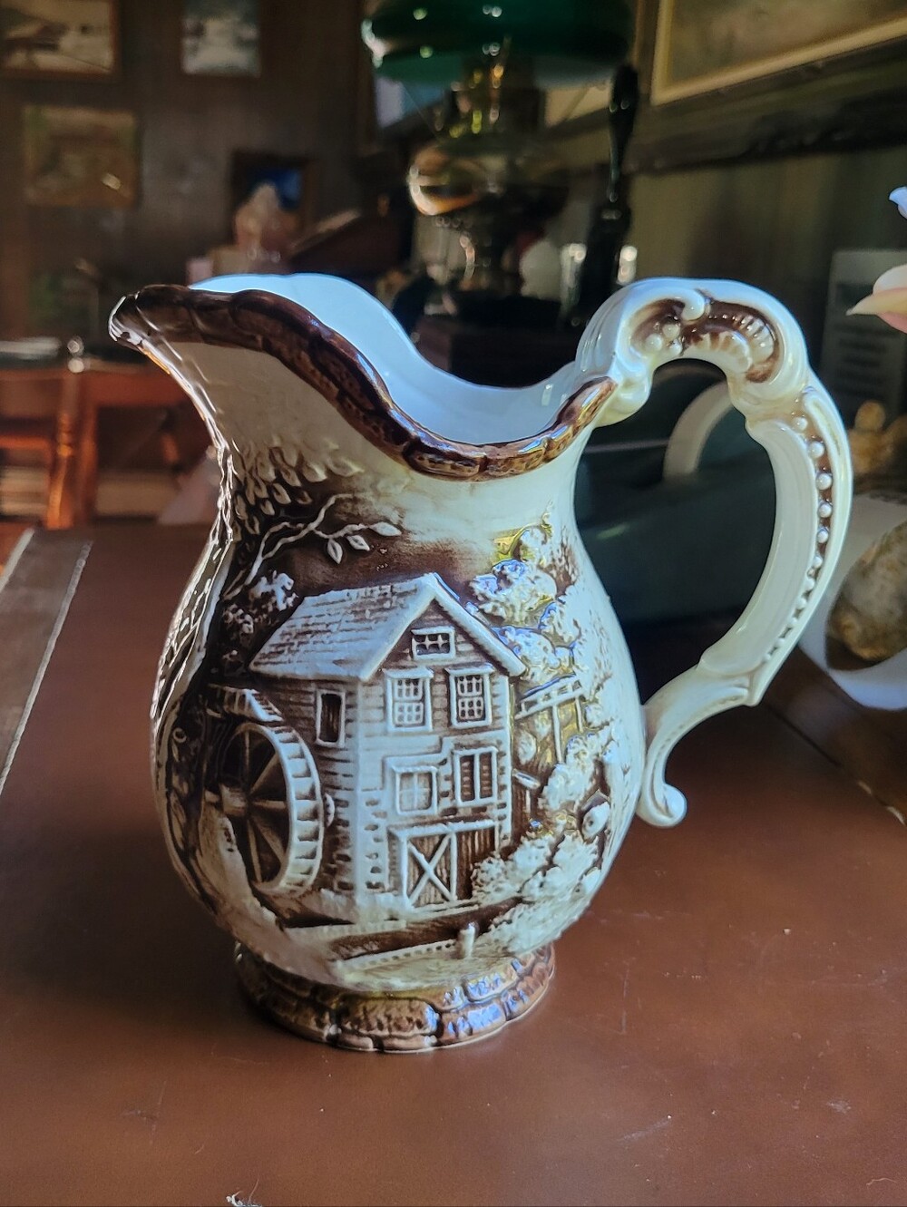 Vintage White with Brown Raise Image Pitcher Made in Japan Water Wheel